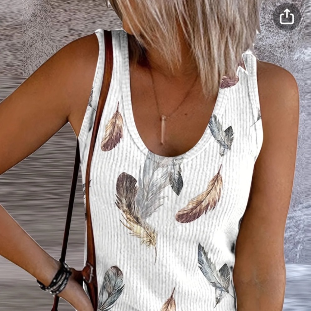 Feather print crew neck tank top